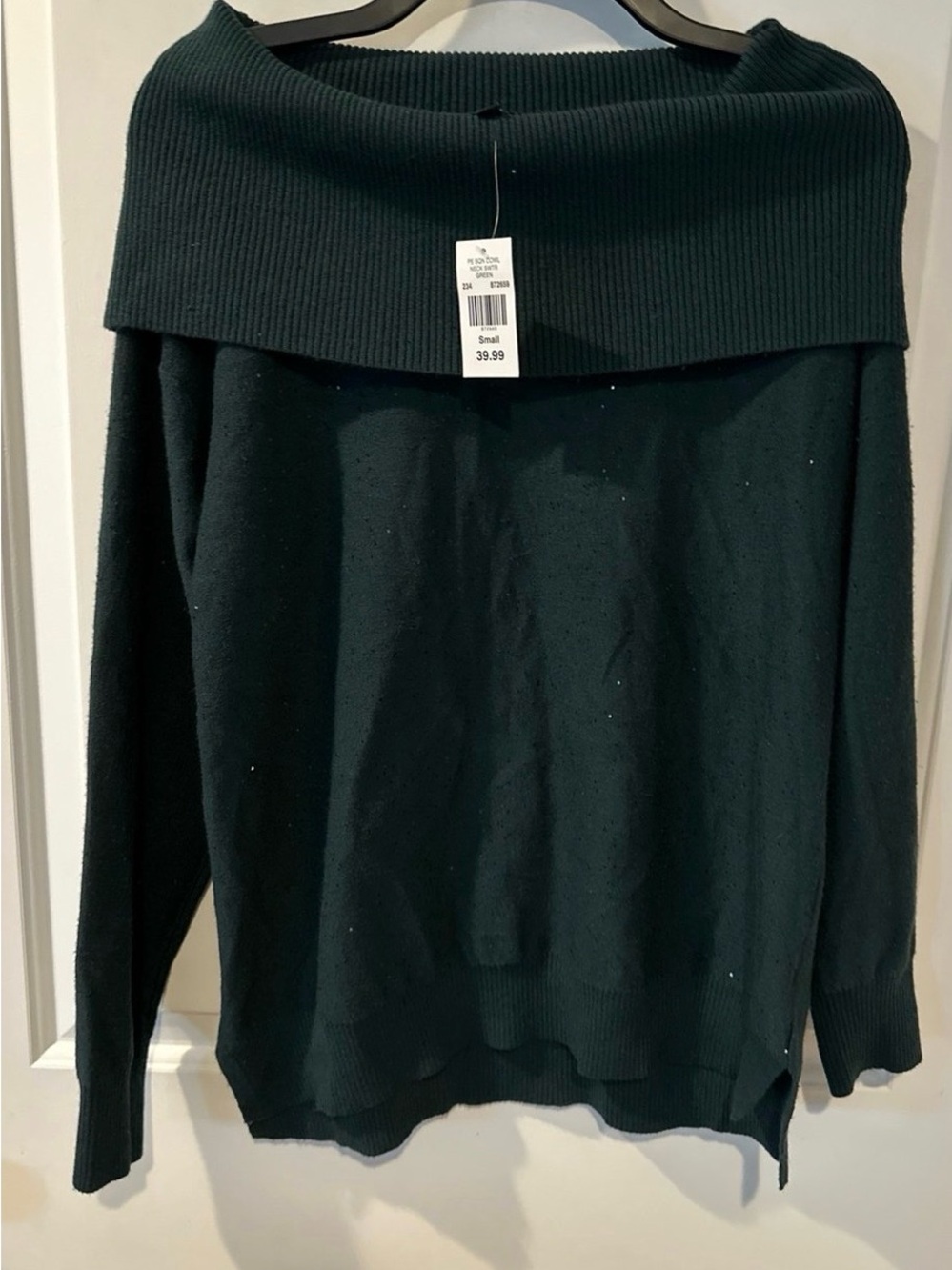 Wallpapher Dark Green Off-the-Shoulder Ribbed Fold-Over Sweater